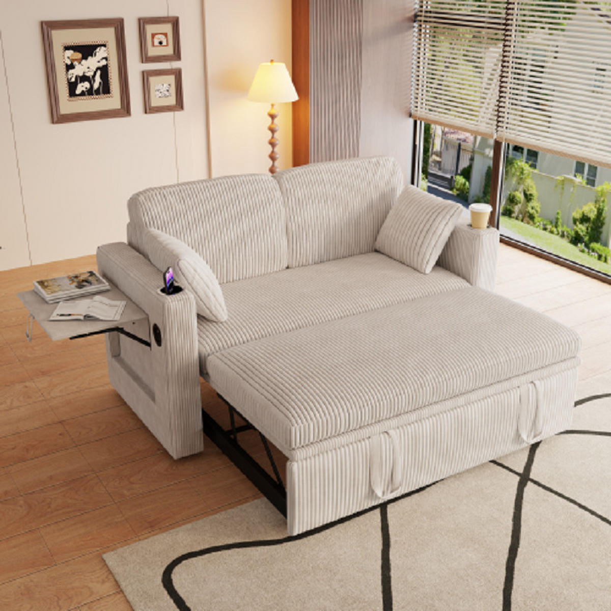 2-SITZER SCHLAFSOFA Cord Weiß mit Bettfunktion - Beige, Textil (145/85.5/132cm) - WISHDOR