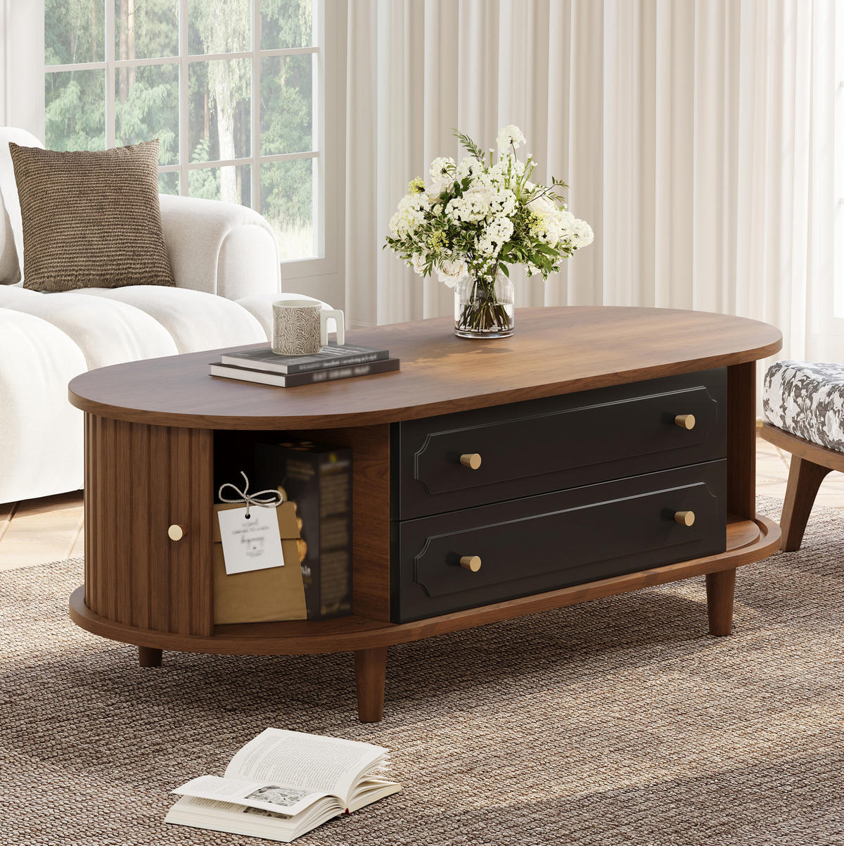 COUCHTISCH 100/50/36 cm in Walnussoptik mit 2 Schubladen und Rolltüren - Walnussfarben, Holzwerkstoff (100/50/36cm) - Flora Grace