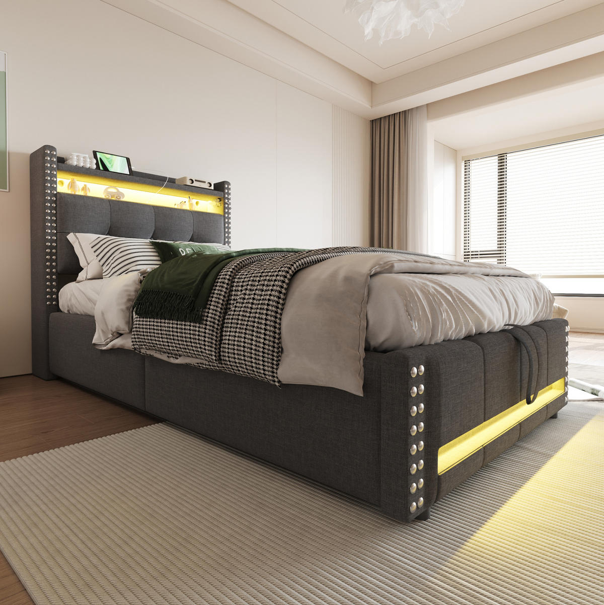 POLSTERBETT 90/200 cm Grau mit LED-Beleuchtung, USB-Anschluss und Stauraum - Grau, Textil (90/200cm) - Flora Grace
