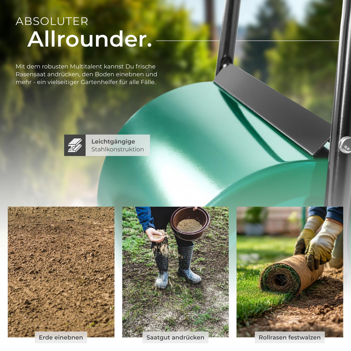 RASENWALZE , gepolsterter Handgriff, grün - Grün, Metall (60/107/31cm) - tectake