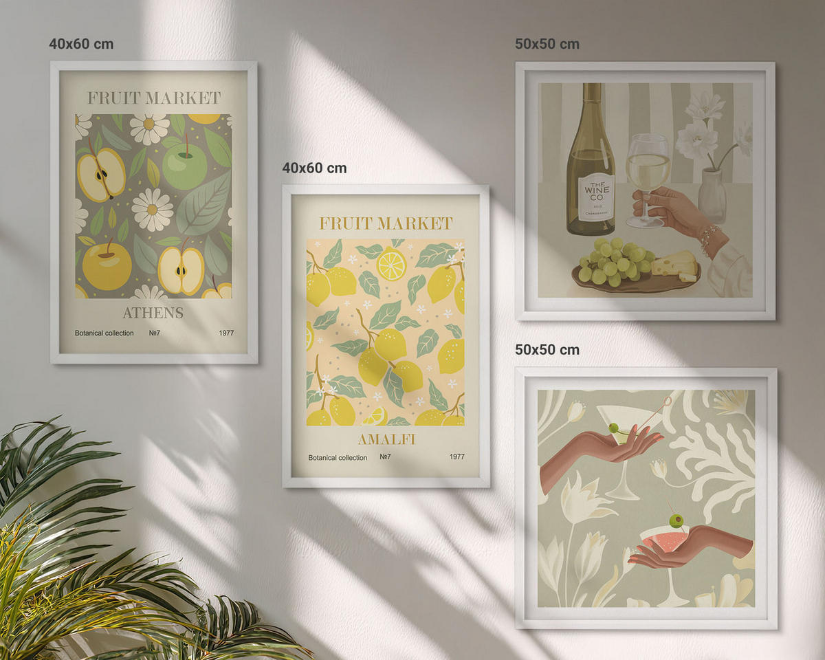 WANDBILDER 4er-Set - 50x50 cm & 40x60 cm Weißer Rahmen - Fruchtige Muster italienischer Wein - Weiß, Kunststoff (50/50cm) - ArtPrintCave