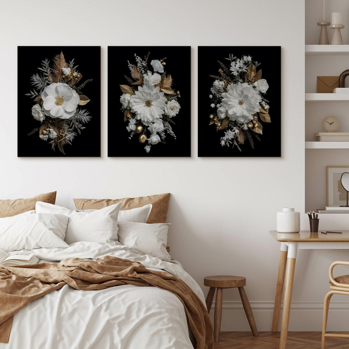 LEINWANDBILDER 3-es Set Blumen Natur 3D - Beige/Schwarz, Textil (90/40cm) - Muralo