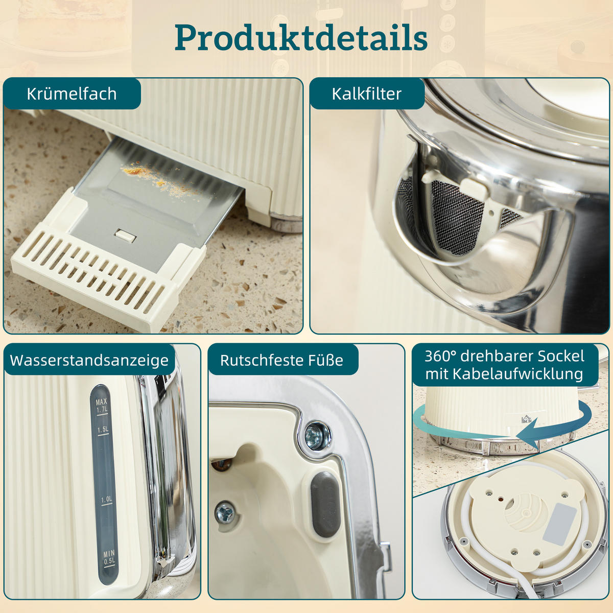 TOASTER mit Wasserkocher DE-07926 Creme - Creme, Metall (15.5/25.5/21.2cm) - ComfortXL
