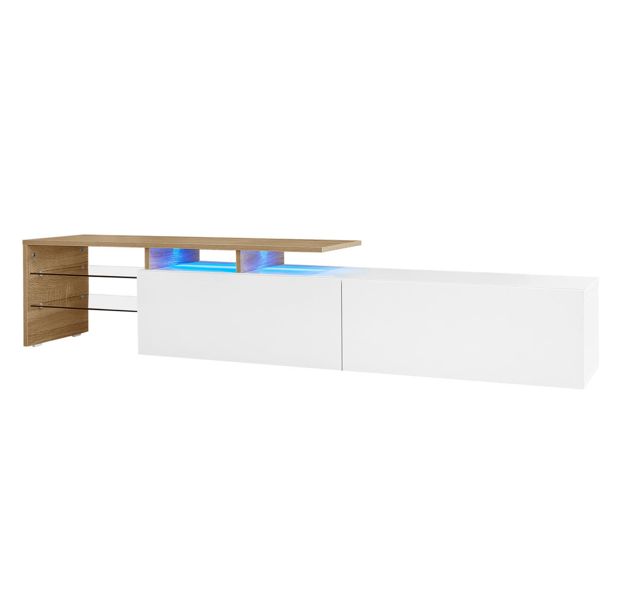 TV-SCHRANK aus Spanplatte 170x33x33,5 cm Weiß/Natur mit LED-Beleuchtung, Glasböden und Stauraum - Weiß, Holzwerkstoff (170/33.5/33cm) - Modfu