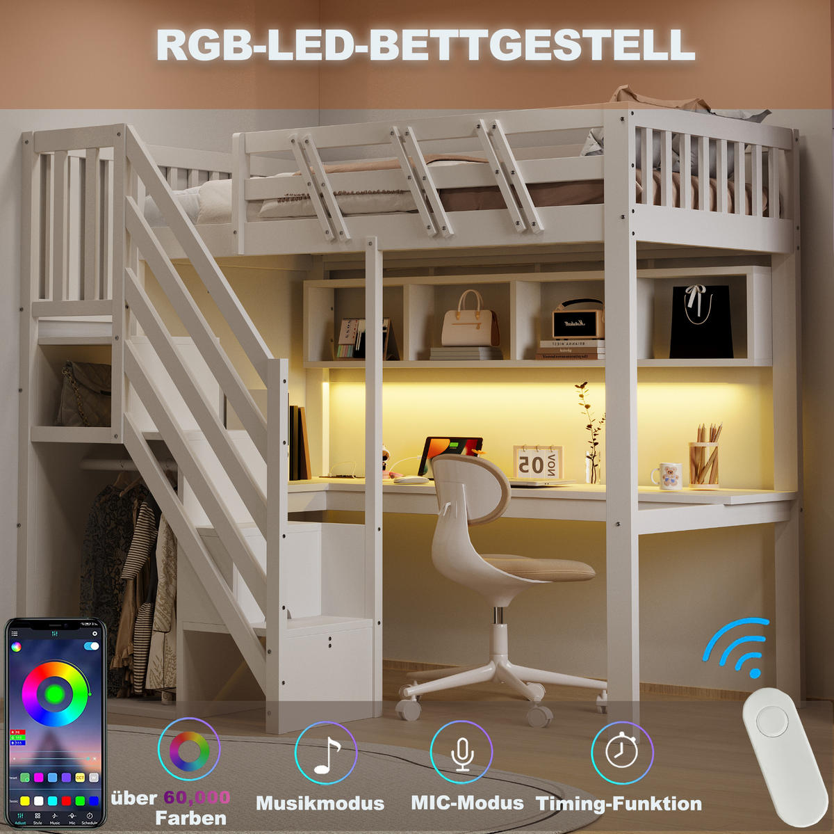 HOCHBETT aus Holz 90x200 cm Weiß mit Schreibtisch, Stauraumtreppe, LED-Beleuchtung und Steckdosen - Weiß, Holz (90/200cm) - IVMEU