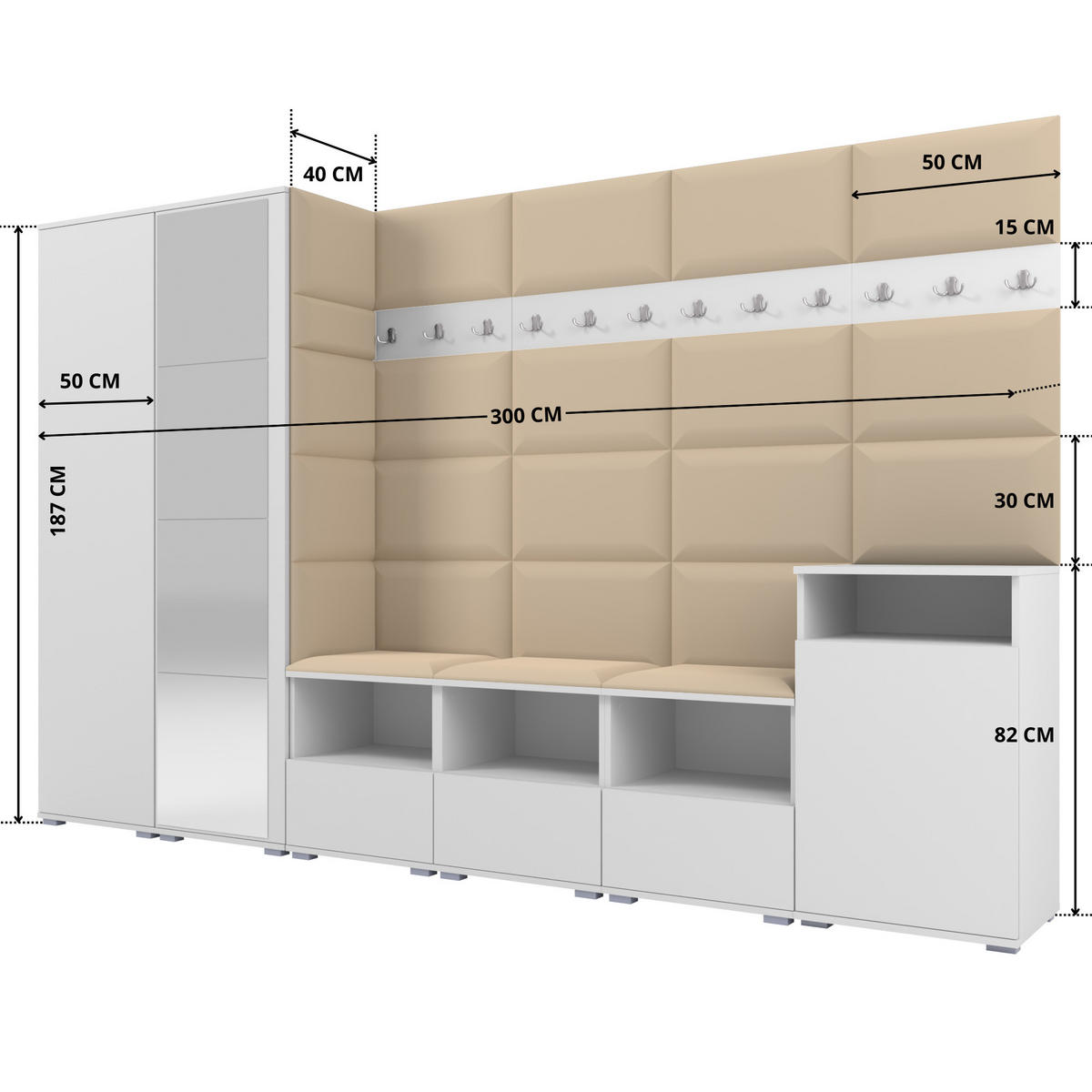 GARDEROBE NELA XII 300 cm (Modulare Flurmöbel Weiß mit Spiegel & Sitzpolster Beige 04 Gigantisches Set) - Beige/Silberfarben, Holz/Holzwerkstoff (300/187/40cm) - Ravio