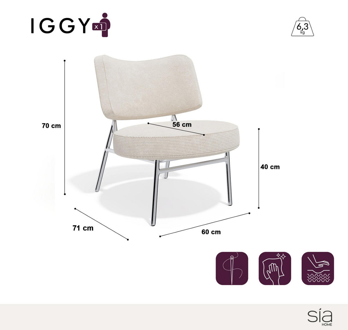 SESSEL Gerippter Samt 60cm - Orange, Textil (60/70/71cm) - Sia Home