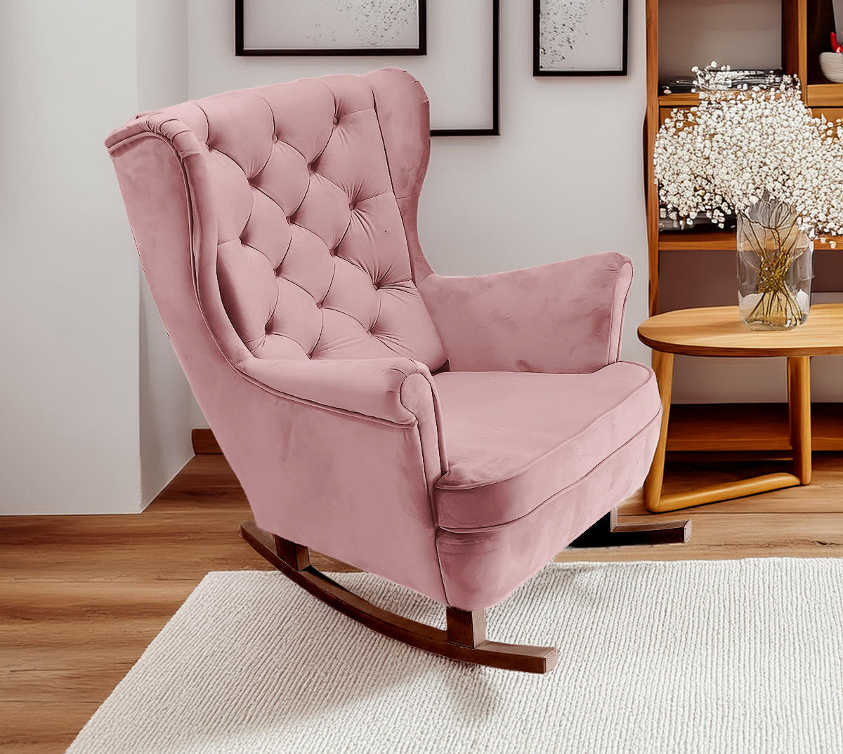 SCHAUKELSESSEL mit gepolstertem Sitz und Armlehnen, 102x81x95 cm, Pink_29838 - Altrosa/Braun, Holz/Textil (81/102/95cm) - DomoHome