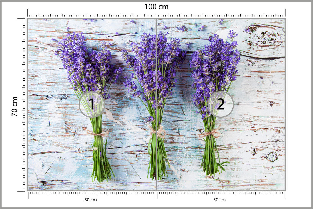 FOTOTAPETE für Küche Lavendelblüten Lila Holz Rustikal 100x70 - Violett/Weiß, Papier (100/70cm) - Muralo
