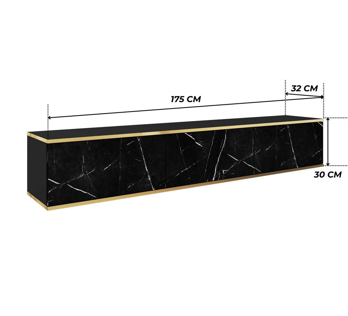 TV-LOWBOARD FORNO (Marmor Black Royal, Goldene Details, 3 Türen, 175 cm) - Schwarz/Weiß, Holz/Holzwerkstoff (175/30/32cm) - Ravio