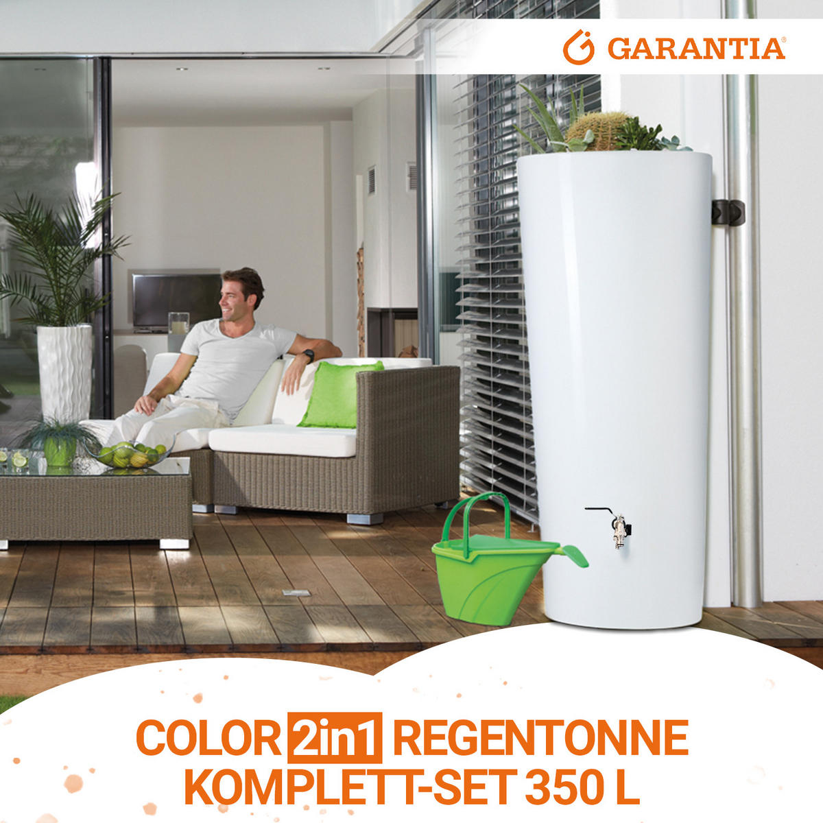 2IN1 Regentonne Komplett-Set 350 L, coco inkl. Chrom-Doppelauslaufhahn und Fallrohranschluss - Weiß, Kunststoff (62/150/80cm) - GARANTIA
