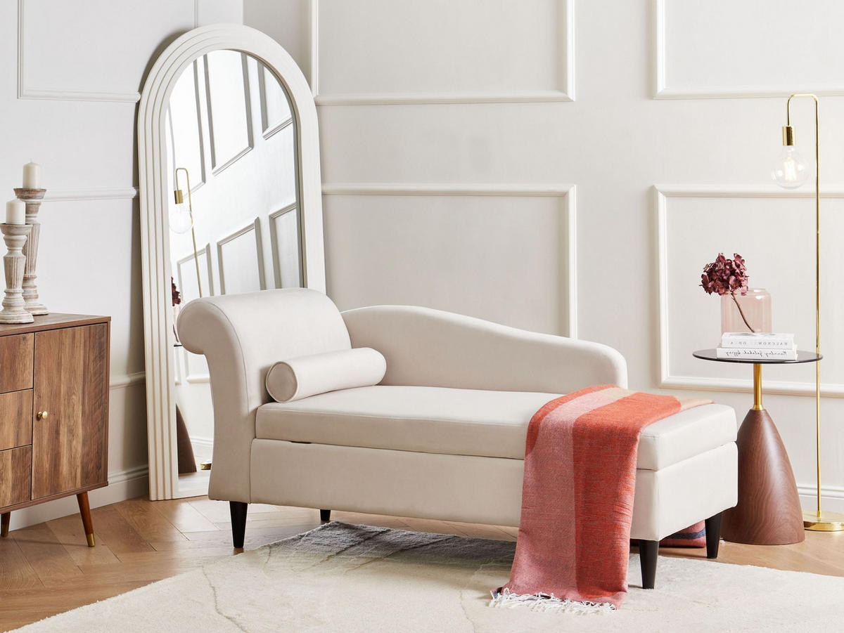 ČALOUNĚNÉ LEHÁTKO CHAISE LONGUE LEVOSTRANNÉ Sametová látka Béžové s úložným prostorem Luiro - černá/béžová, textil (160/77/70cm) - Beliani