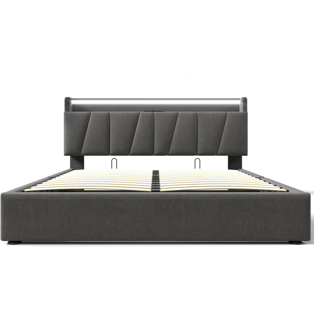 POLSTERBETT aus Leinen 160x200 cm Grau mit Bettkasten, LED-Beleuchtung und USB-Anschlüssen - Grau, Textil (160/200cm) - IVMEU