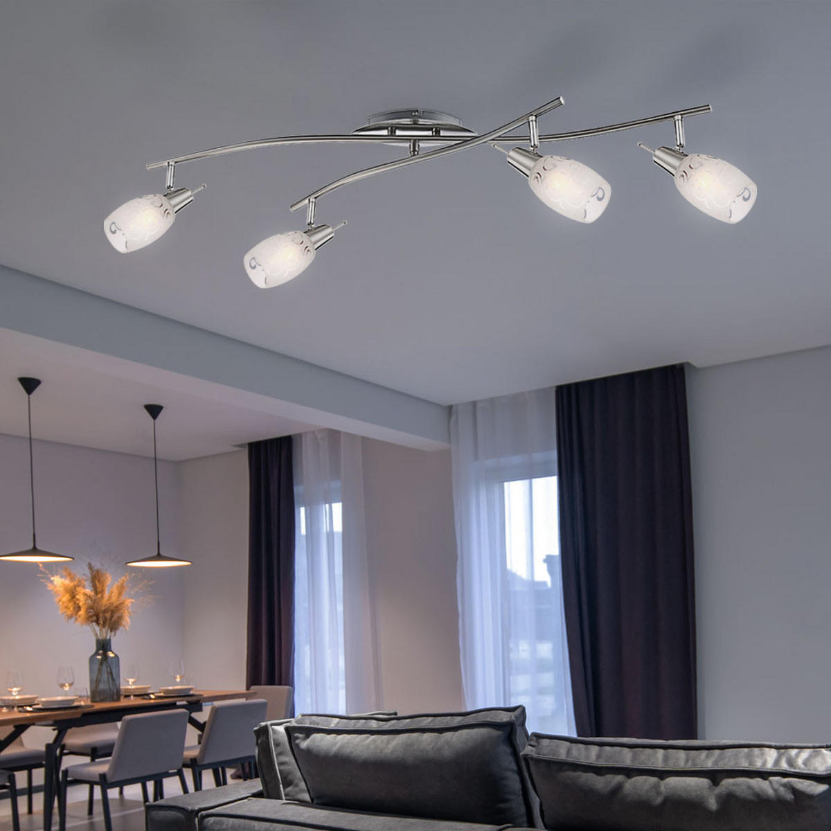 DECKENLEUCHTE Metall Glas Silber FLORITA - Silberfarben, Glas (90/50/21cm) - Globo Lighting