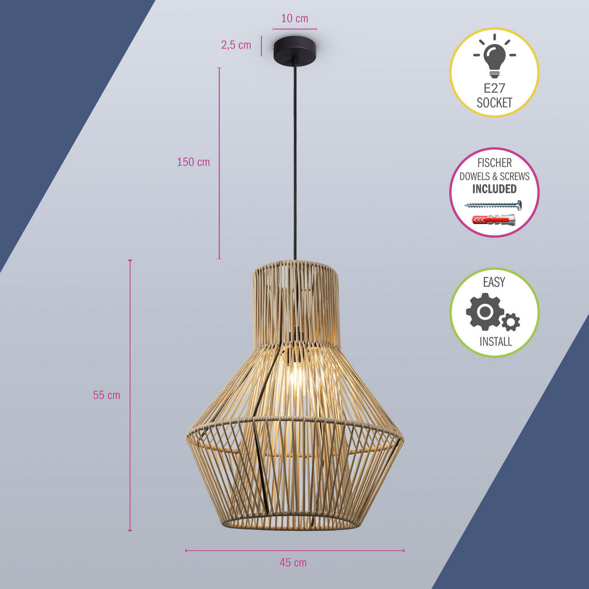 PENDELLEUCHTE Hugo Pd1 Malena - Schwarz, Metall (45/45/55cm) - Paco Home