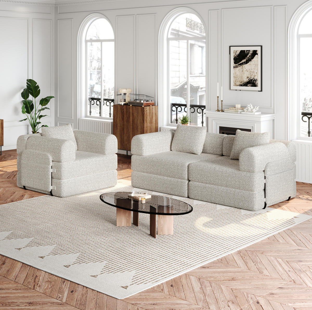 SCHLAFSOFA 2-in-1 in Khaki – mit Armlehnen-Staufach und Chenillebezug - Naturfarben, Textil (181.6/49.5/94cm) - BEAOK