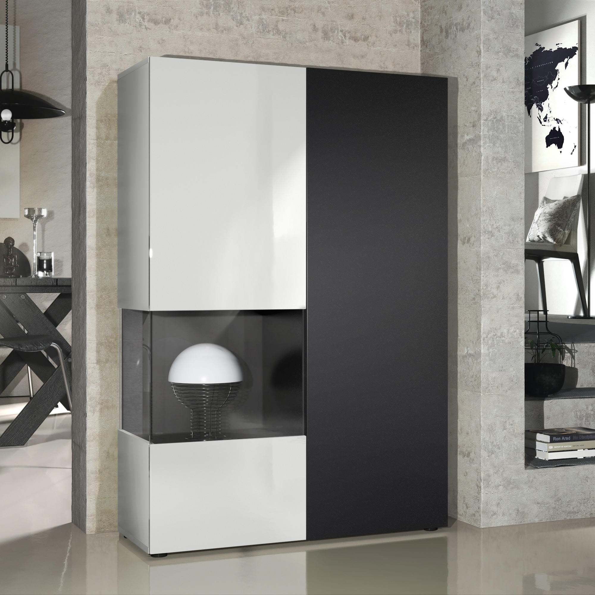 VITRINE Morena Tür und Einsatz in Schwarz matt - Schwarz, Holzwerkstoff (91.5/136.5/37cm) - Vladon
