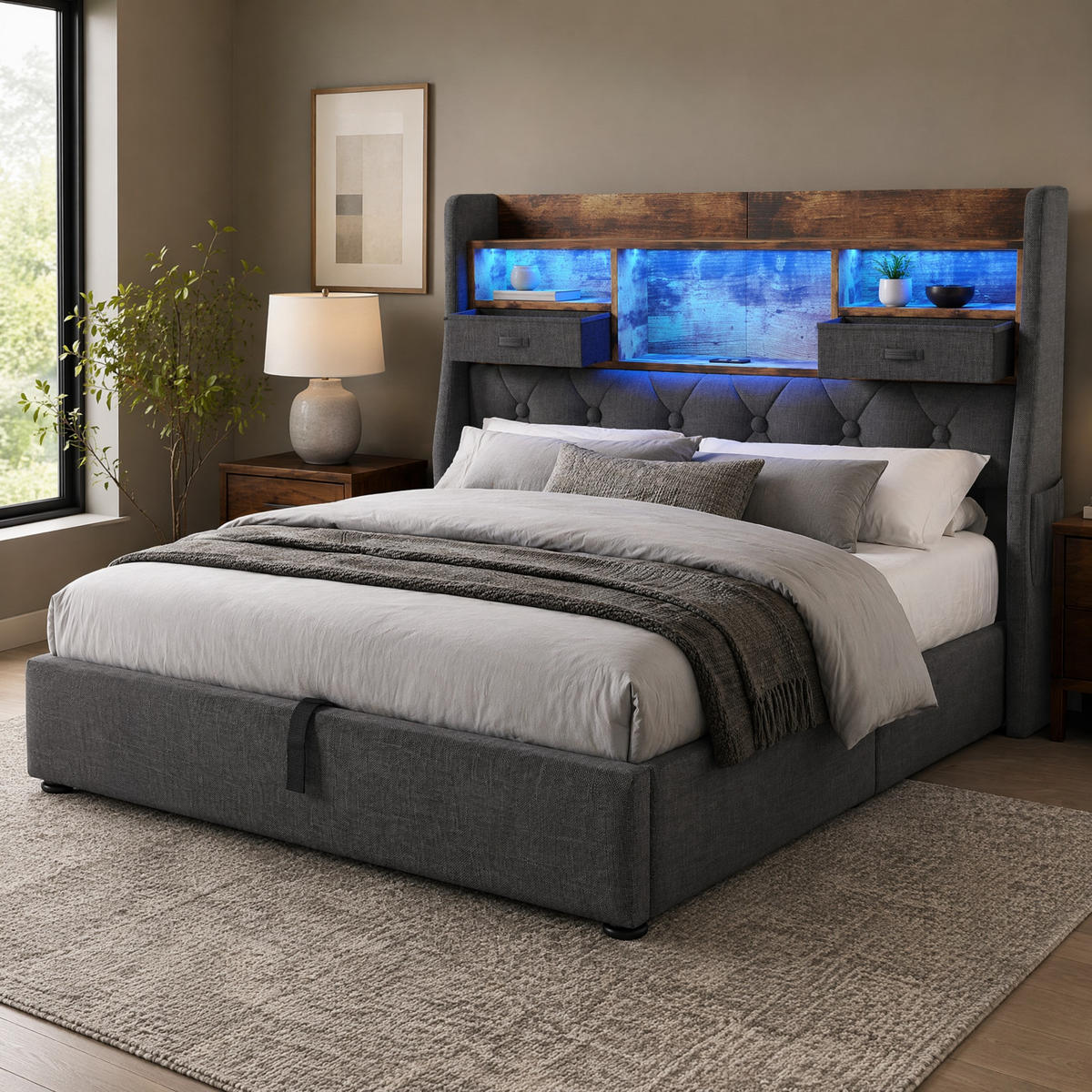POLSTERBETT 140/200 mit Bettkasten, LED und USB in Grau - Grau, Holzwerkstoff/Textil (140/200cm) - EVRYAE