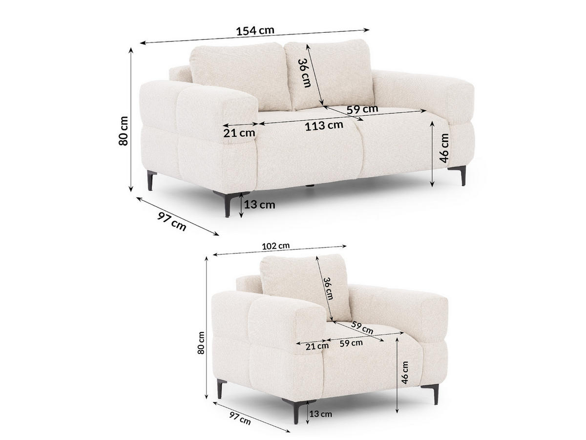 SITZGARNITUR 2+1 Cardea in Bubble-Optik aus weichem Creme Strukturstoff mit hohem Sitzkomfort - Creme/Schwarz, Holz/Textil (154/80/97cm) - S-Style Möbel