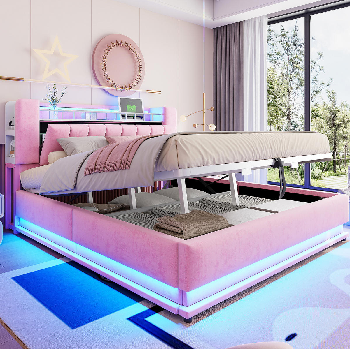 POLSTERBETT mit LED-Beleuchtung 180/200 cm mit Bettkasten und USB in Rosa - Rosa, Textil (180/200cm) - BEAOK