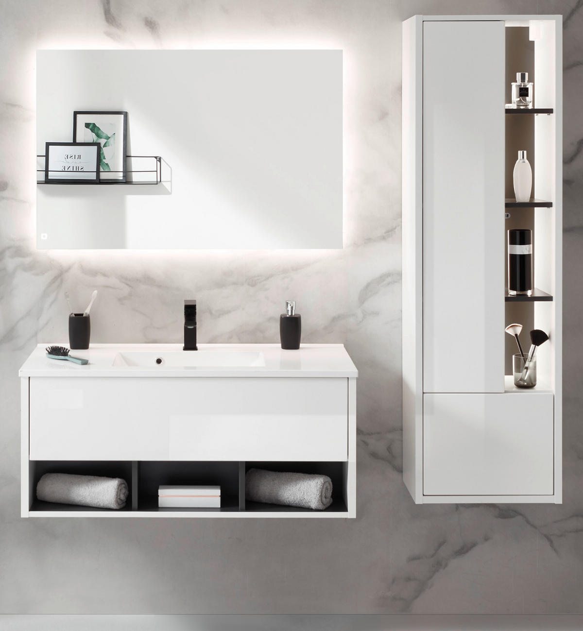 BADMÖBEL Set in weiß Hochglanz und grau mit Waschbecken und LED Beleuchtung 155 x 190 cm Glide - Weiß Hochglanz/Grau, Glas/Holzwerkstoff (155/190/47cm) - Furn.Design