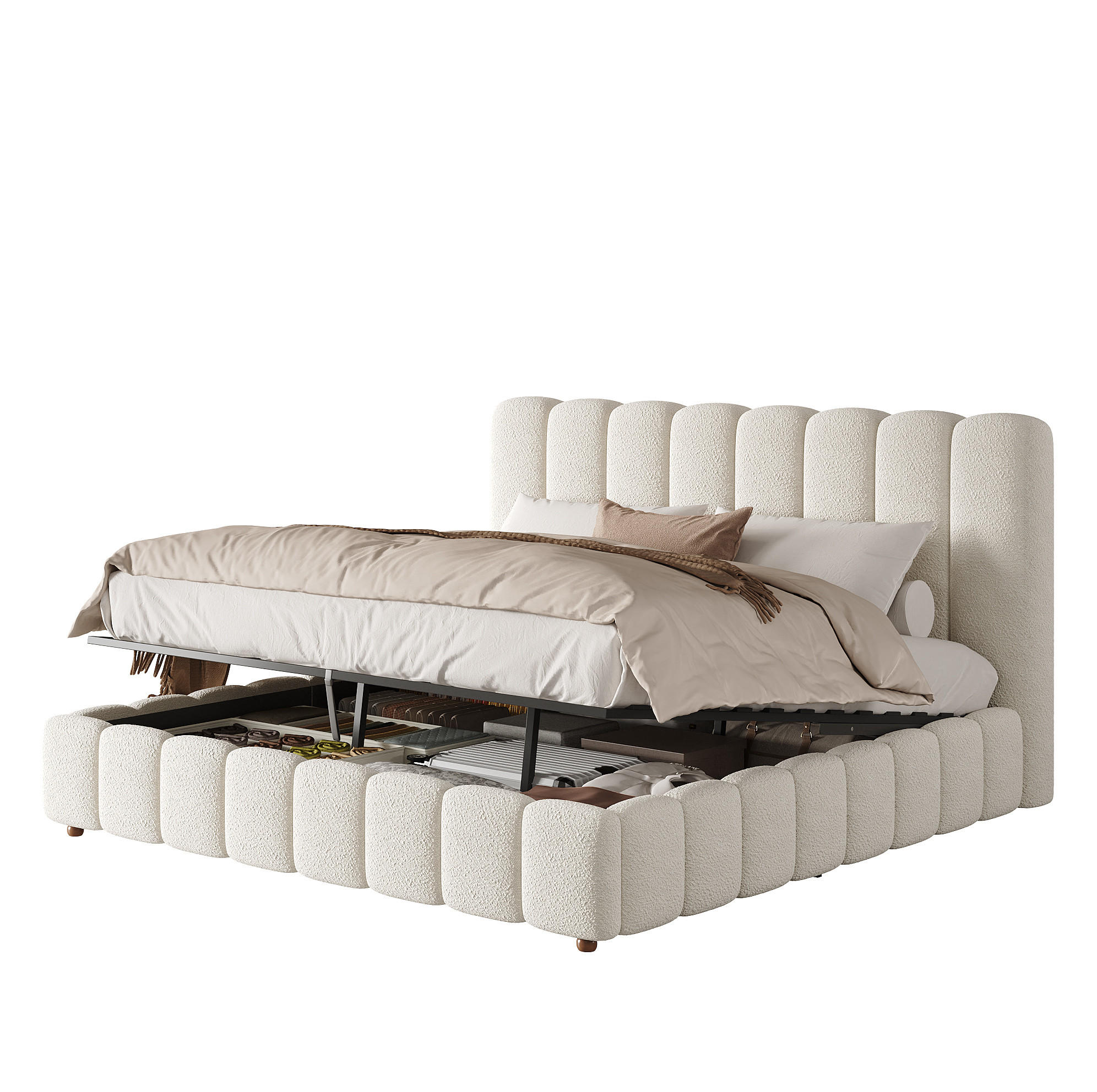 POLSTERBETT mit Bouclé-Bezug 200x200 cm Weiß mit hydraulischem Bettkasten und Lattenrost - Weiß, Textil (200/200cm) - Modfu