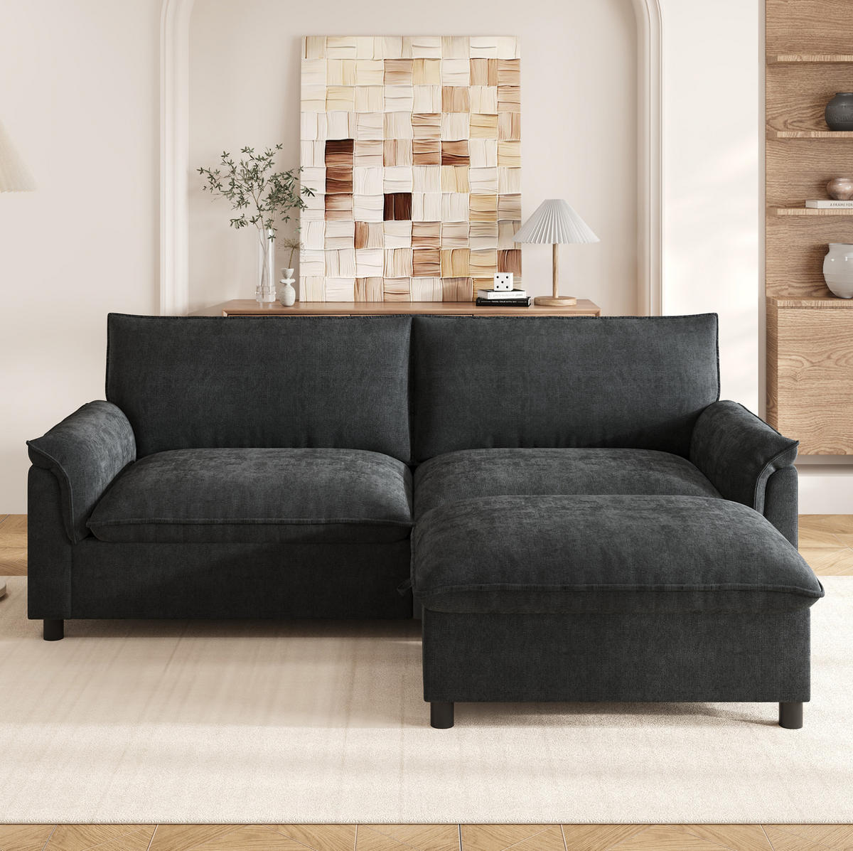 SOFA mit Hocker und Stauraum B 216 x T 77 x H 82 cm Chenille Black - Schwarz, Holzwerkstoff (77/216cm) - Meubliv