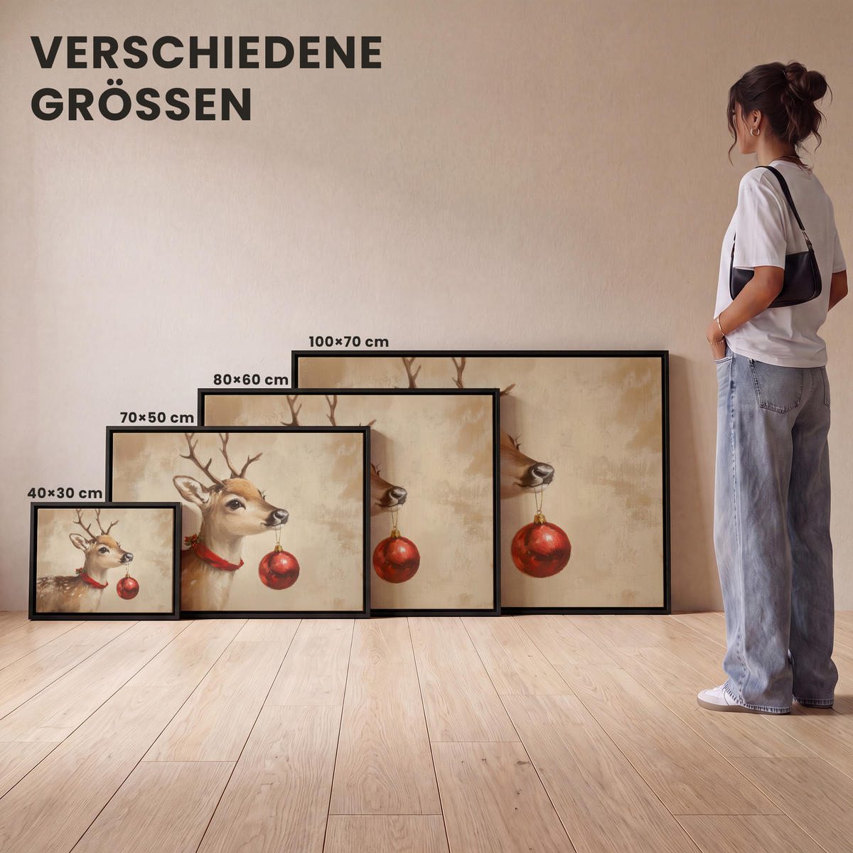 LEINWAND Bilder mit Rahmen - Weihnachten - Hirsch - Geweih - Weihnachtskugel - Rentier - 80x60 - Hellbraun, Textil (80/60cm) - MuchoWow