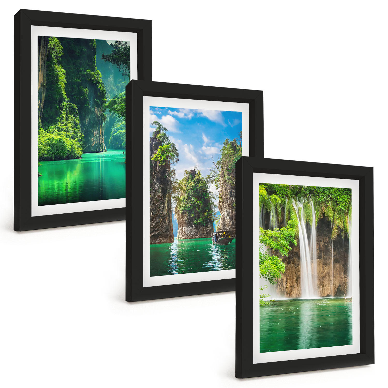 BILDER SET 3er Set - 20x30 cm Schwarzer Rahmen - Grüne Landschaften, Wasserfälle - Schwarz, Kunststoff (20/30cm) - TULUP