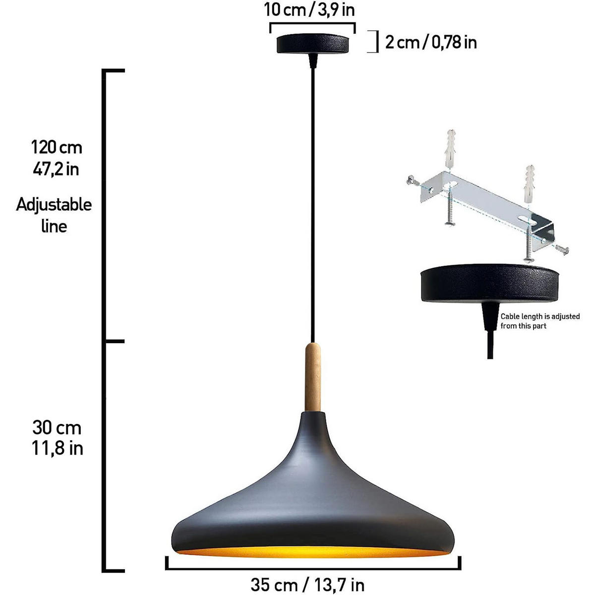 PENDELLEUCHTE Champion aus Holz 35/30 cm - Schwarz, Metall (30/35/30cm) - Bamyum