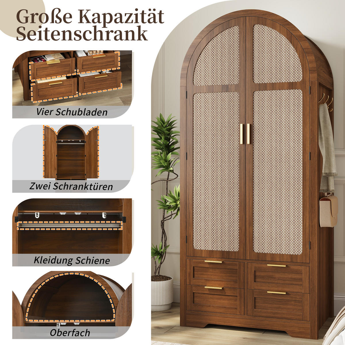 KLEIDERSCHRANK Gebogene Türen Stauraum Schubladen Schlafzimmer - Walnussfarben, Holzwerkstoff (50/179/80cm) - FLIEKS