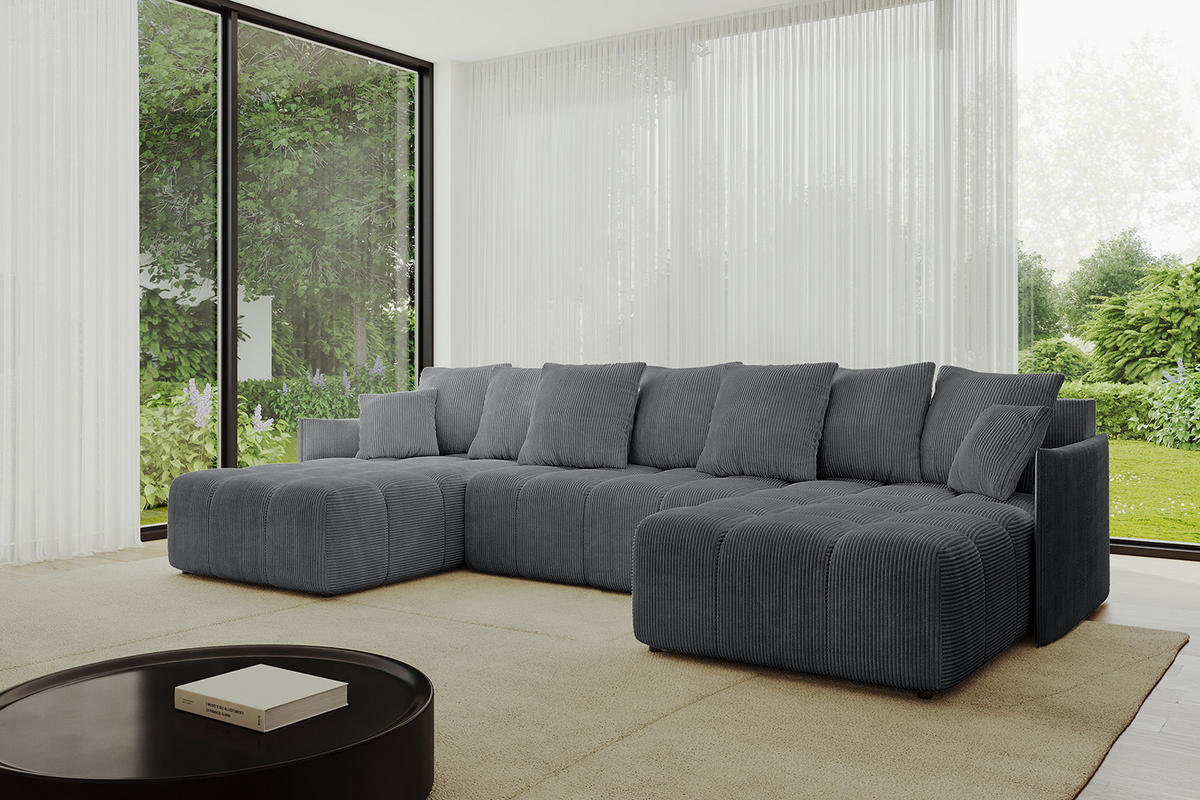 WOHNLANDSCHAFT LONLI-U 355x189x68 Dunkelgrau Cord - Dunkelgrau, Holzwerkstoff/Kunststoff (350/68/190cm) - ALTDECOR