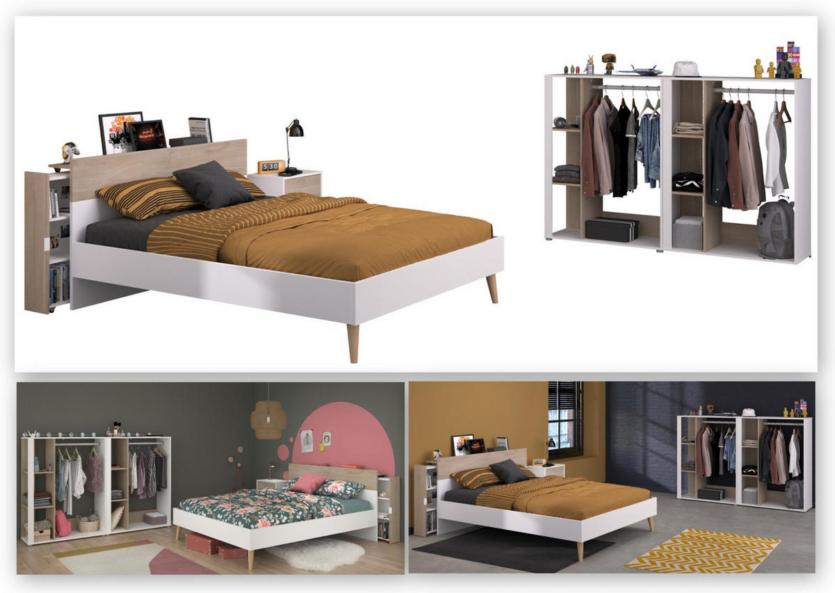 JUGENDZIMMER weiß, Eiche, Komplett-Set 5-teilig mit vielen Fächern - Eichefarben/Weiß, Holzwerkstoff (145/123/206cm) - Parisot Meuble