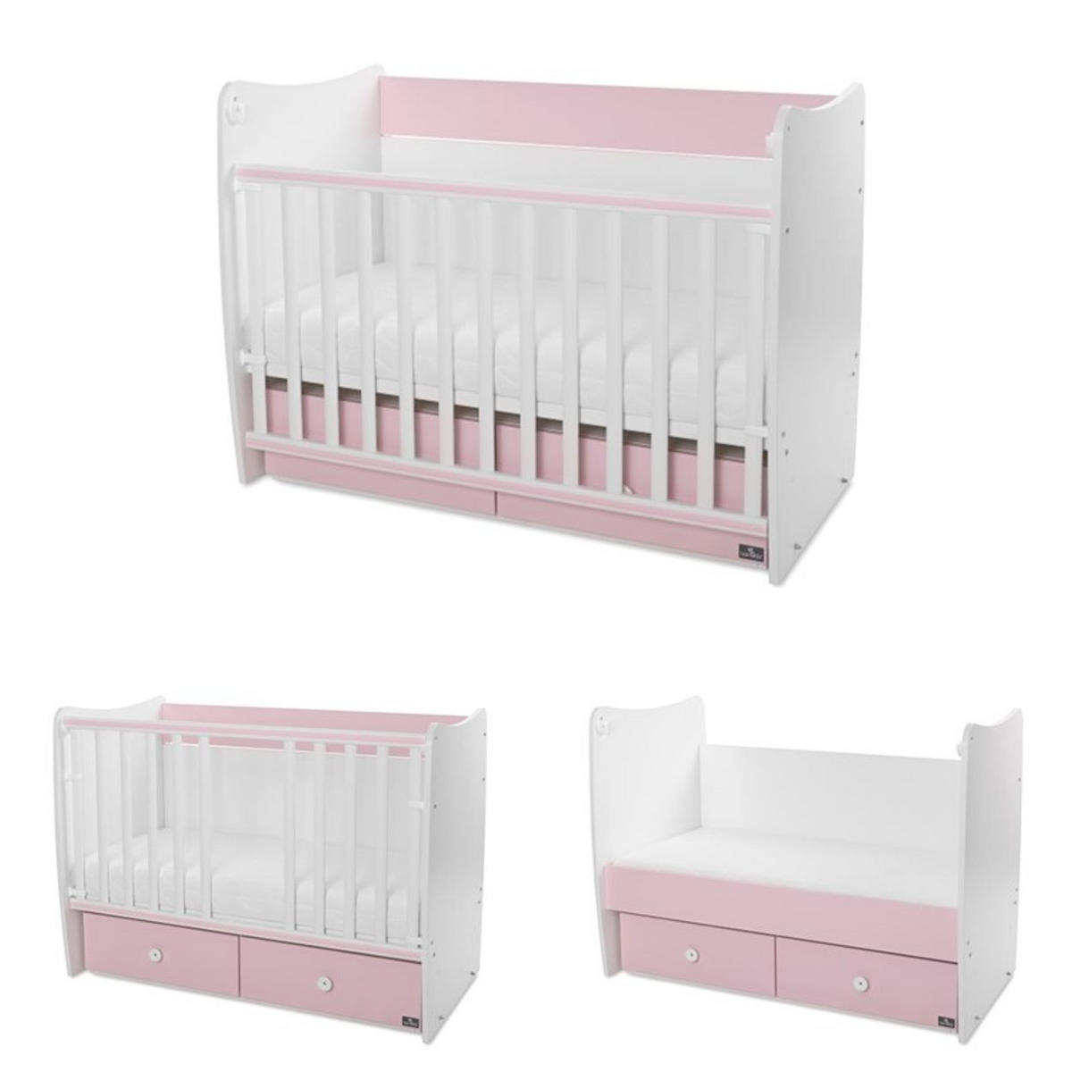 BABYBETT MATRIX NEW 120 x 60 cm rosa 120 x 60 cm, Schaukelfunktion, 2 Schubladen, 2 Ebenen, Schlupfsprossen - Rosa, Holzwerkstoff (60/120cm) - Lorelli