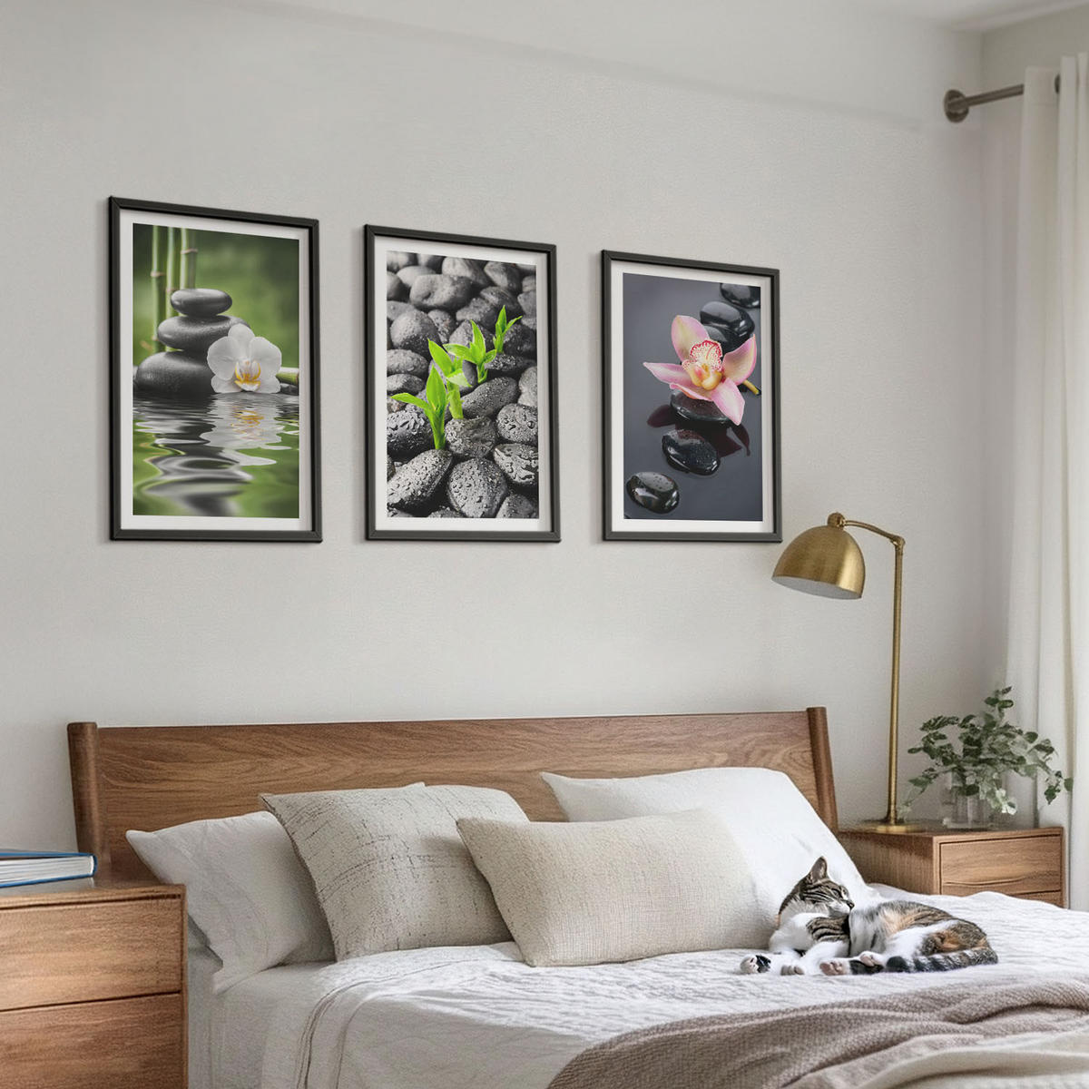 WANDBILDER 3er-Set - 40x60 cm Schwarzer Rahmen - Eine ruhige Zen-Komposition aus Blumen und Wasser - Schwarz, Kunststoff (40/60cm) - ArtPrintCave