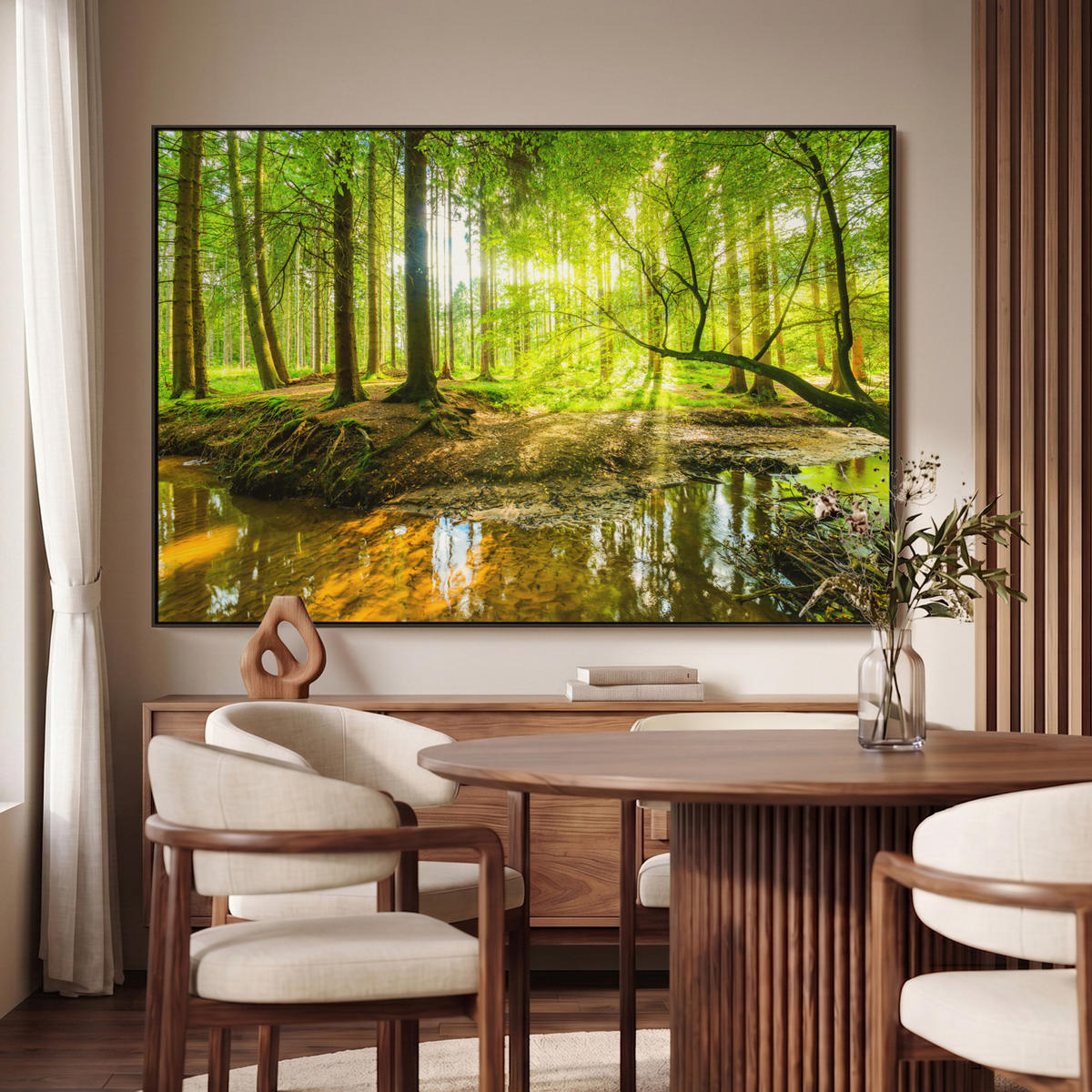 LEINWAND Bilder mit Rahmen - Wald - Landschaft - Wasser - Bäume - Sonne - Grün - Natur - 120x80 - Grün, Textil (120/80cm) - MuchoWow