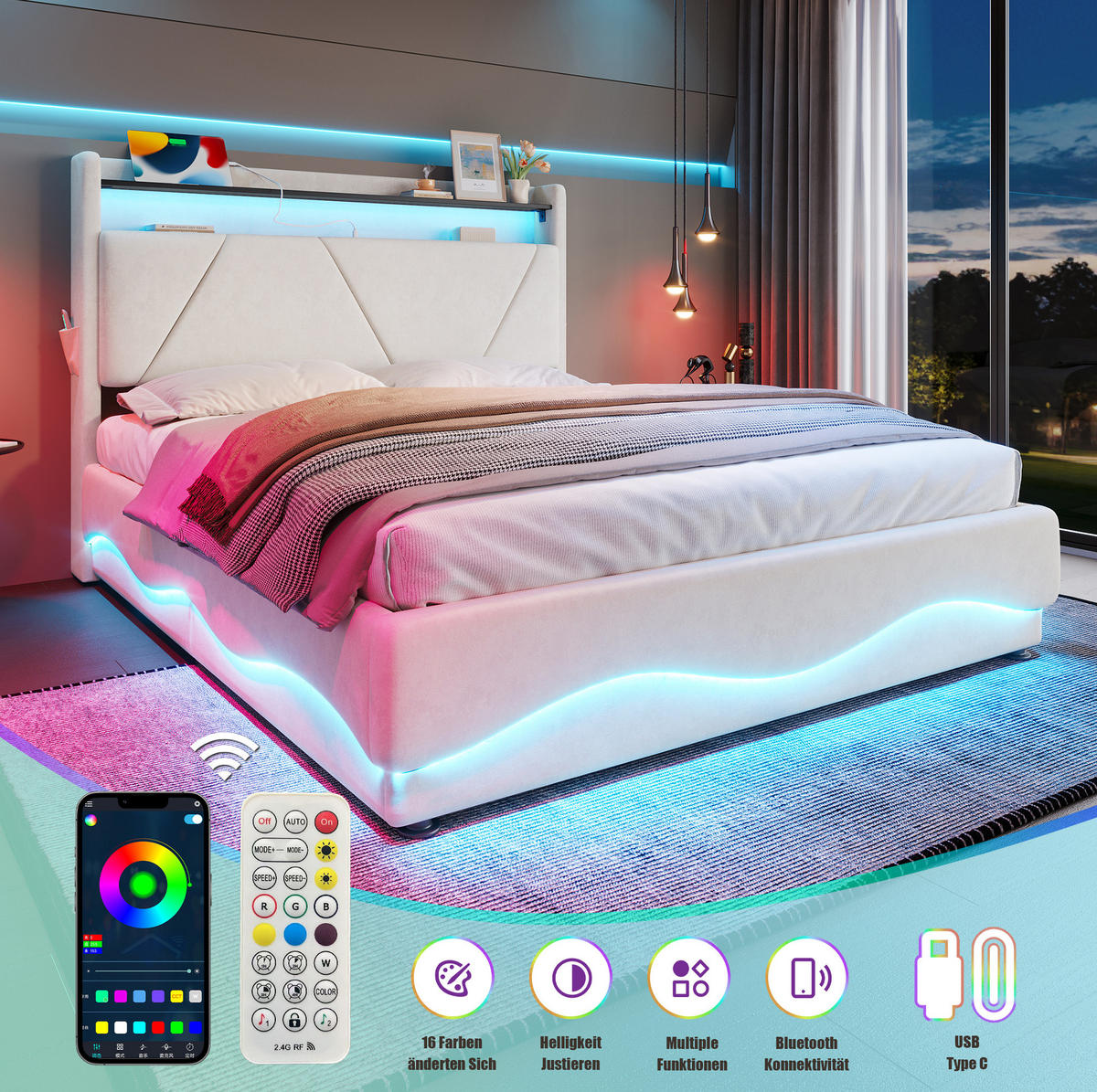 BETT mit Stauraum und LED 160x200 cm Samt Beige - Beige, Metall (160/200cm) - Meubliv