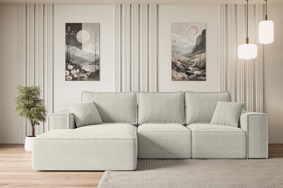 ECKSOFA mit Schlaffunktion und Bettkasten SERRA-L-S - 266x161x87 cm Hellgrau Cord - Hellgrau/Schwarz, Holzwerkstoff/Kunststoff (266/161cm) - ALTDECOR