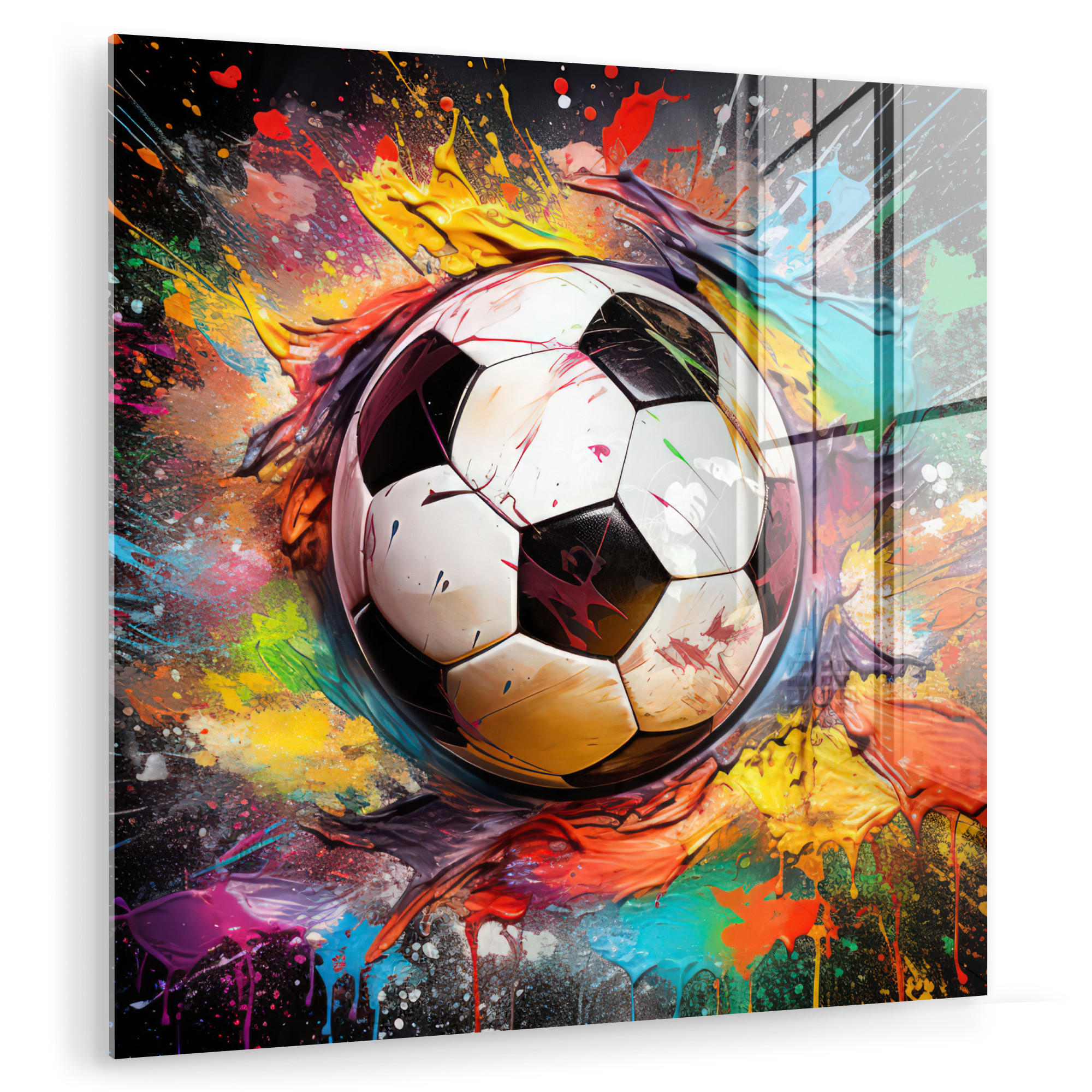 ACRYLGLASBILD Fußball - Farbe - Farben - Schwarz - Weiß 90x90 cm - Weiß, Glas (90/90cm) - MuchoWow