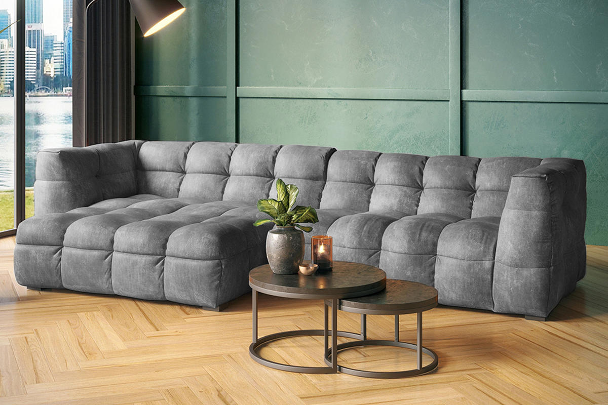 ECKSOFA RIO Hellgrau Velvet - Hellgrau/Schwarz, Textil (319/170cm) - KAWOLA