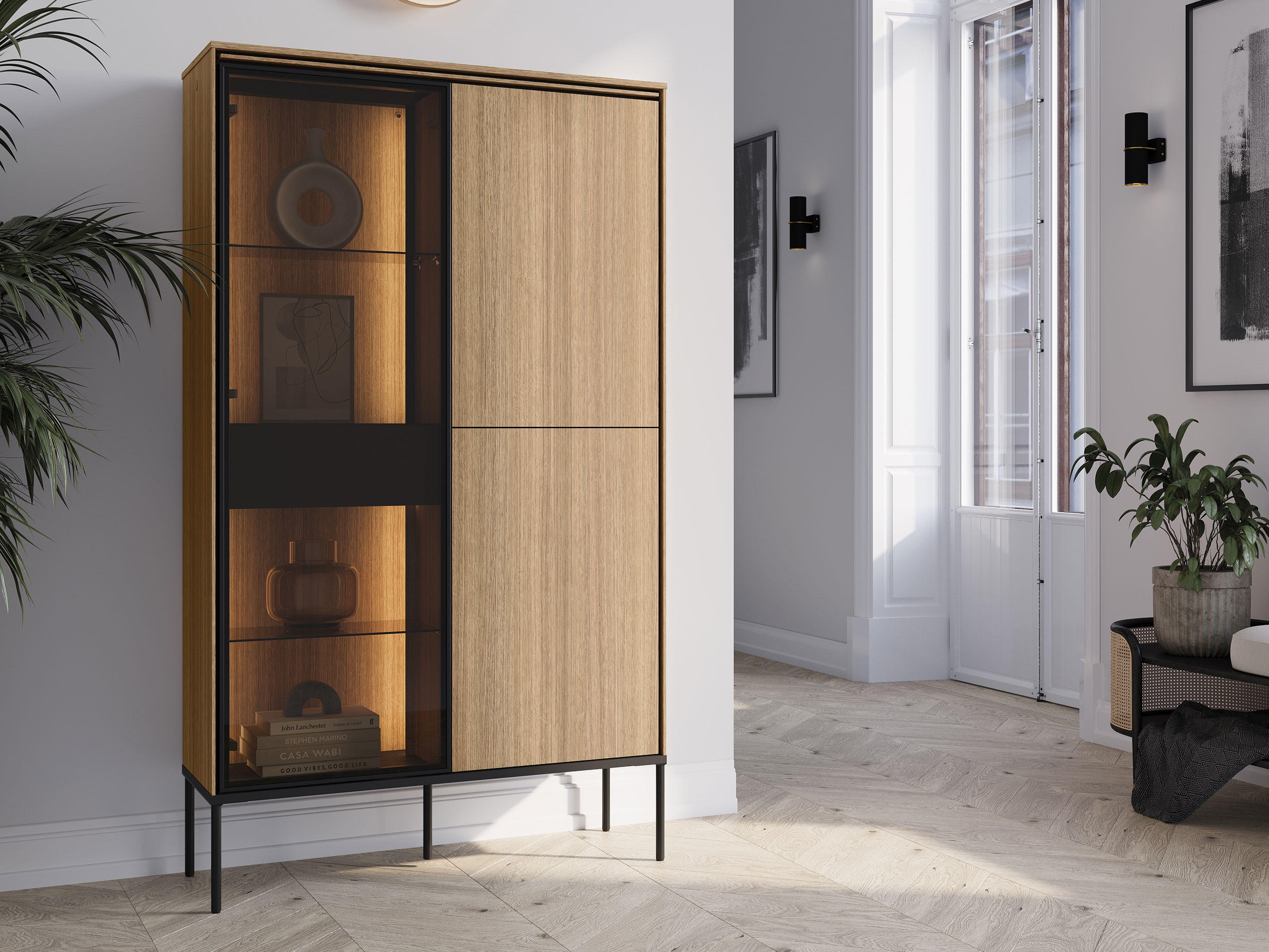 VITRINE 2D1W Visso VI-01 - Eichefarben/Schwarz, Holzwerkstoff/Metall (91/158/34cm) - MIRJAN24