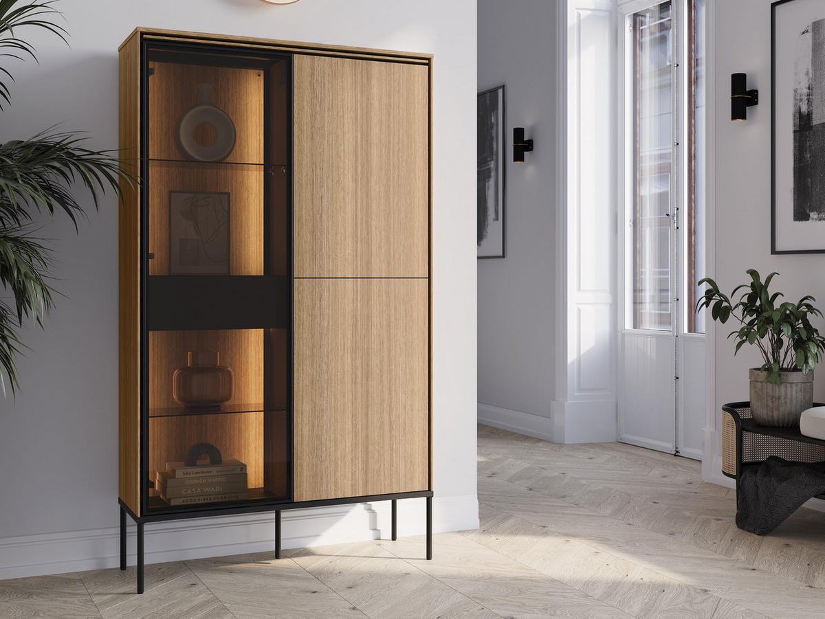 VITRINE 2D1W Visso VI-01 - Eichefarben/Schwarz, Holzwerkstoff/Metall (91/158/34cm) - MIRJAN24