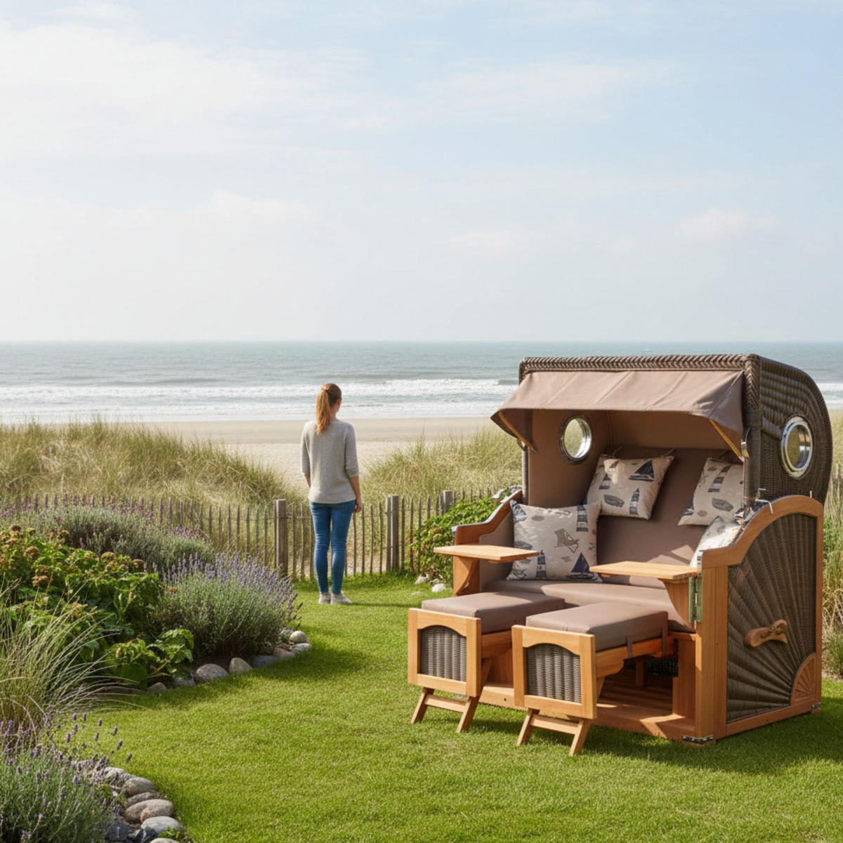 STRANDKORB Düne Grande Bullauge Teak PE Grey Dessin 540 - Taupe/Braun, Metall (142/170/95cm) - Mr. Deko