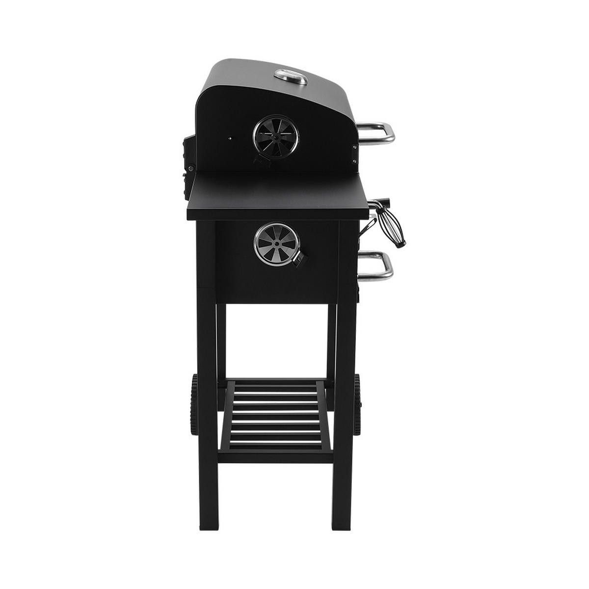 HOLZKOHLEGRILL aus Karbonstahl in Schwarz Tragbarer Outdoor BBQ 2 Seitentischen Temperaturbereich: 100-800°F 109 cm B × 46 cm T × 96,5 cm H - Schwarz, Metall (109/106.5/46cm) - Livingandhome