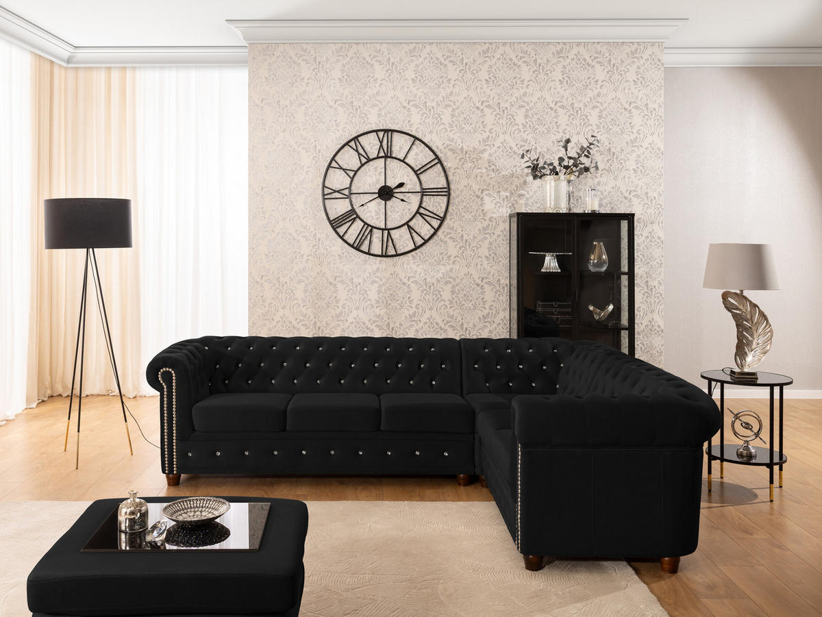 ECKSOFA Chesterfield Cleo Blink Schwarz Samt mit Kristallsteppung und braunen Massivholzfüßen - Ottomane Rechts - Schwarz/Braun, Holz/Textil (264/210cm) - S-Style Möbel