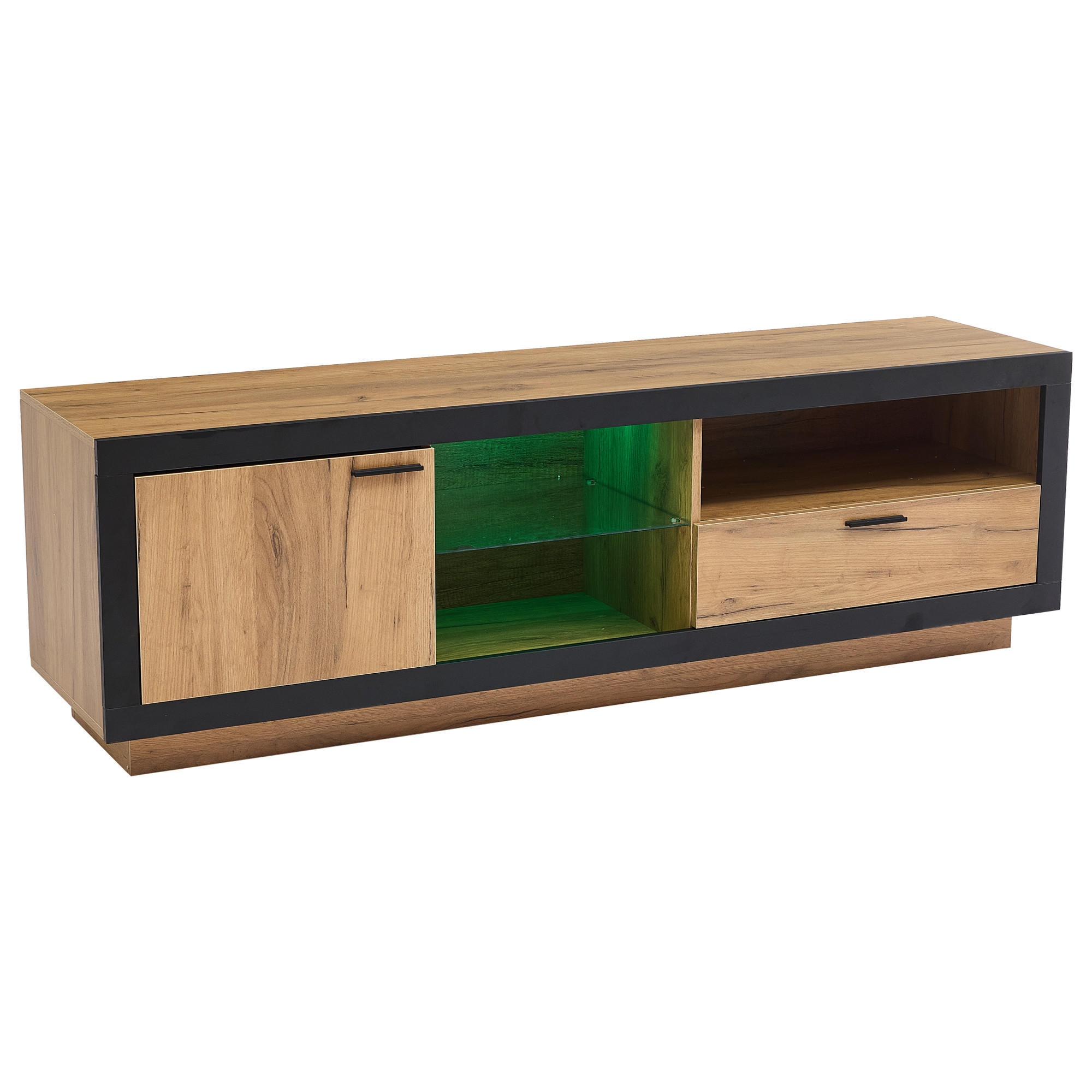 TV-ELEMENTLED 160x40x50cm mit App-Steuerung und Glasböden Schwarz-Eiche - Schwarz, Holz (50.8/14.61/74.3cm) - Raelunyi