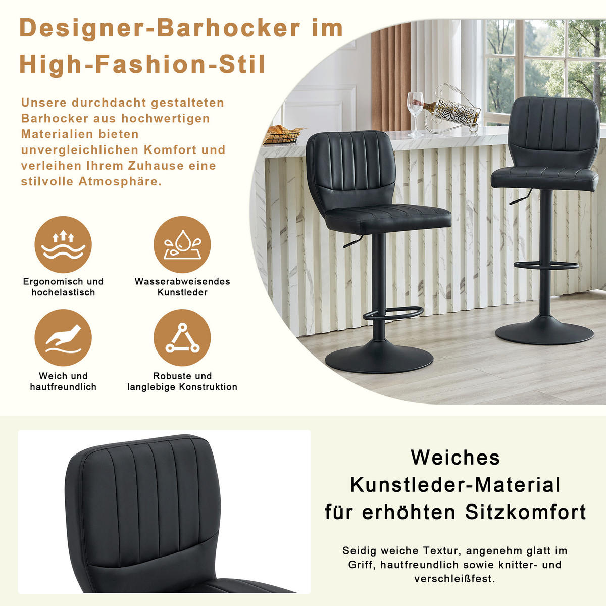BARHOCKER Schwarz 2er-Set höhenverstellbar mit Rückenlehne und Fußstütze - Schwarz, Metall (52/93/45cm) - PANGIVO