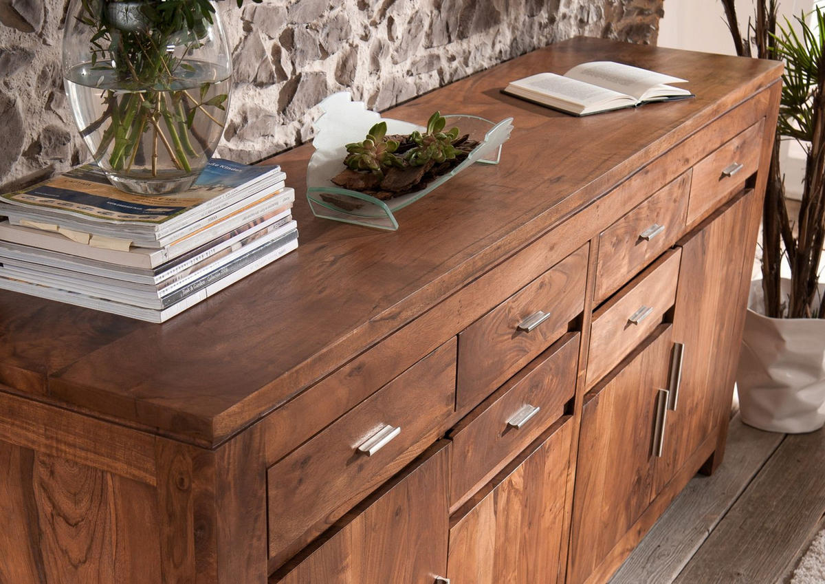 SIDEBOARD Akazie 200x45x90 hellbraun lackiert SHAMAN #41 - Braun, Holz (200/90/45cm) - Massivmoebel24