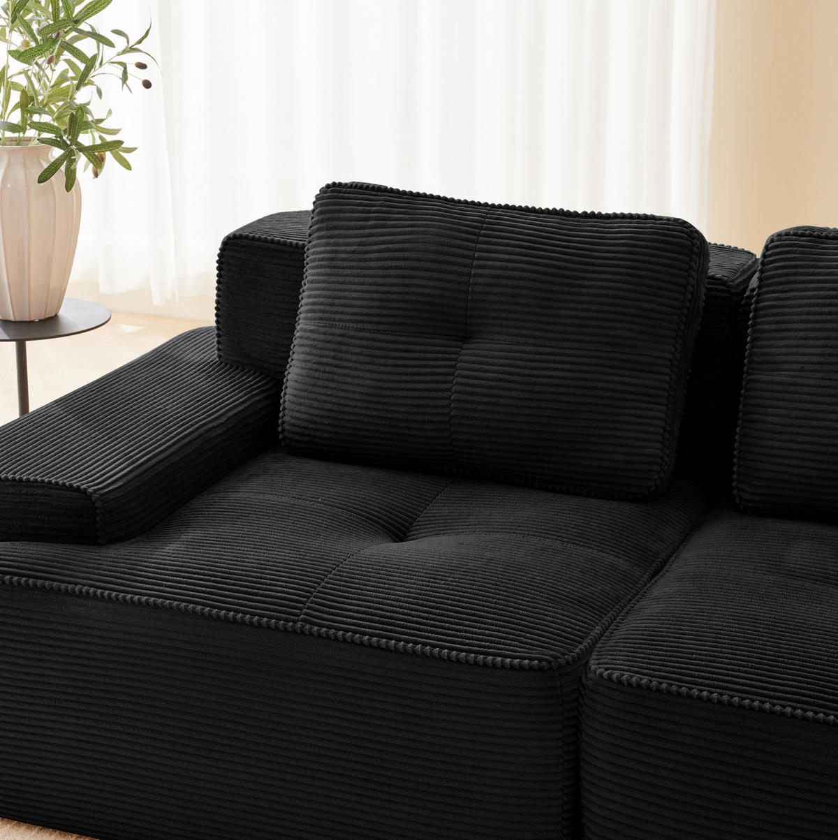 ECKSOFA 382/177/69 cm schwarz aus Cord mit 74 cm Tiefsitz und Chaiselongue - Schwarz, Textil (177/382cm) - OKWISH