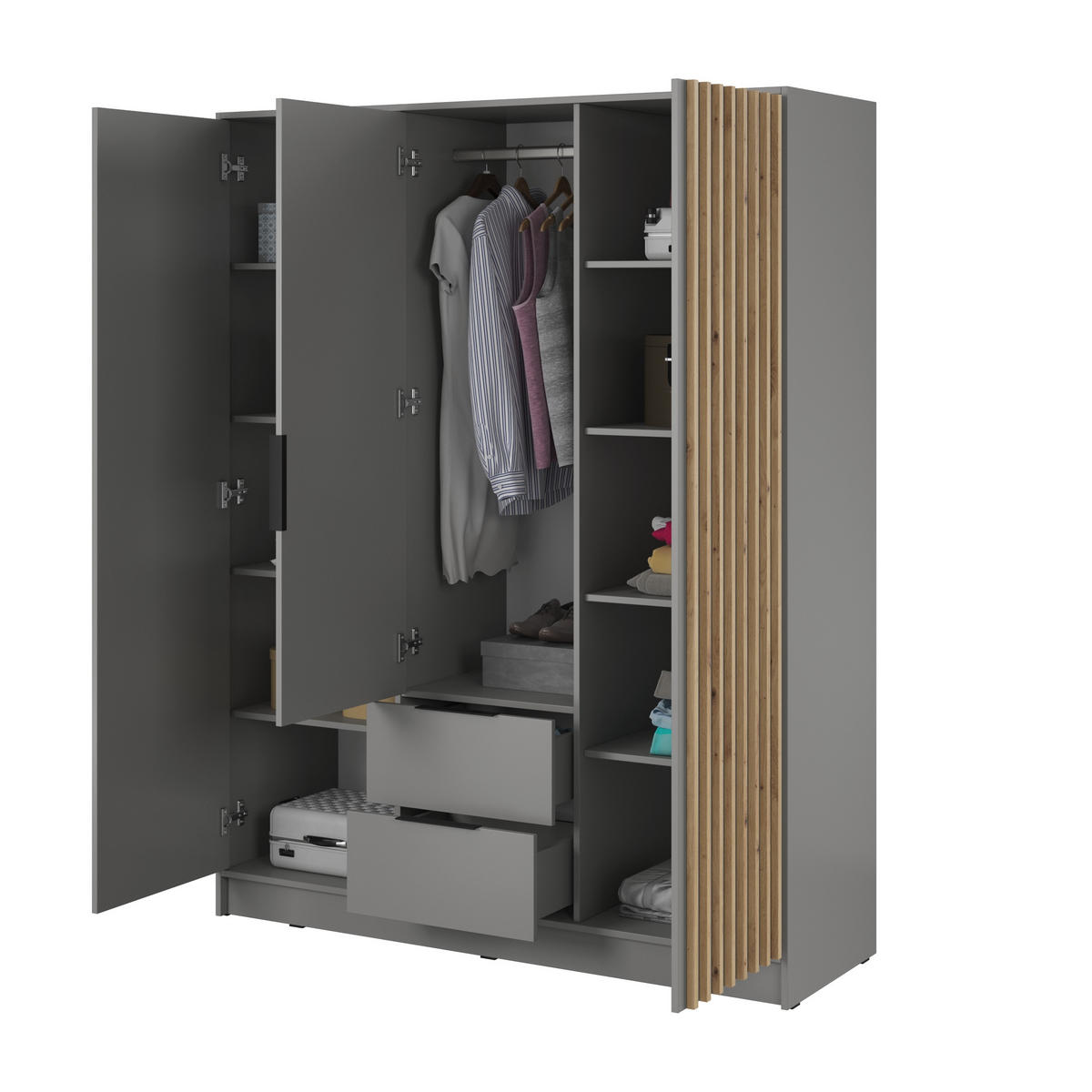 DREHTÜRENSCHRANK NELIANA 155/200/51 cm 3-türig Grau - Grau, Holzwerkstoff (155/200/51cm) - MASSENO
